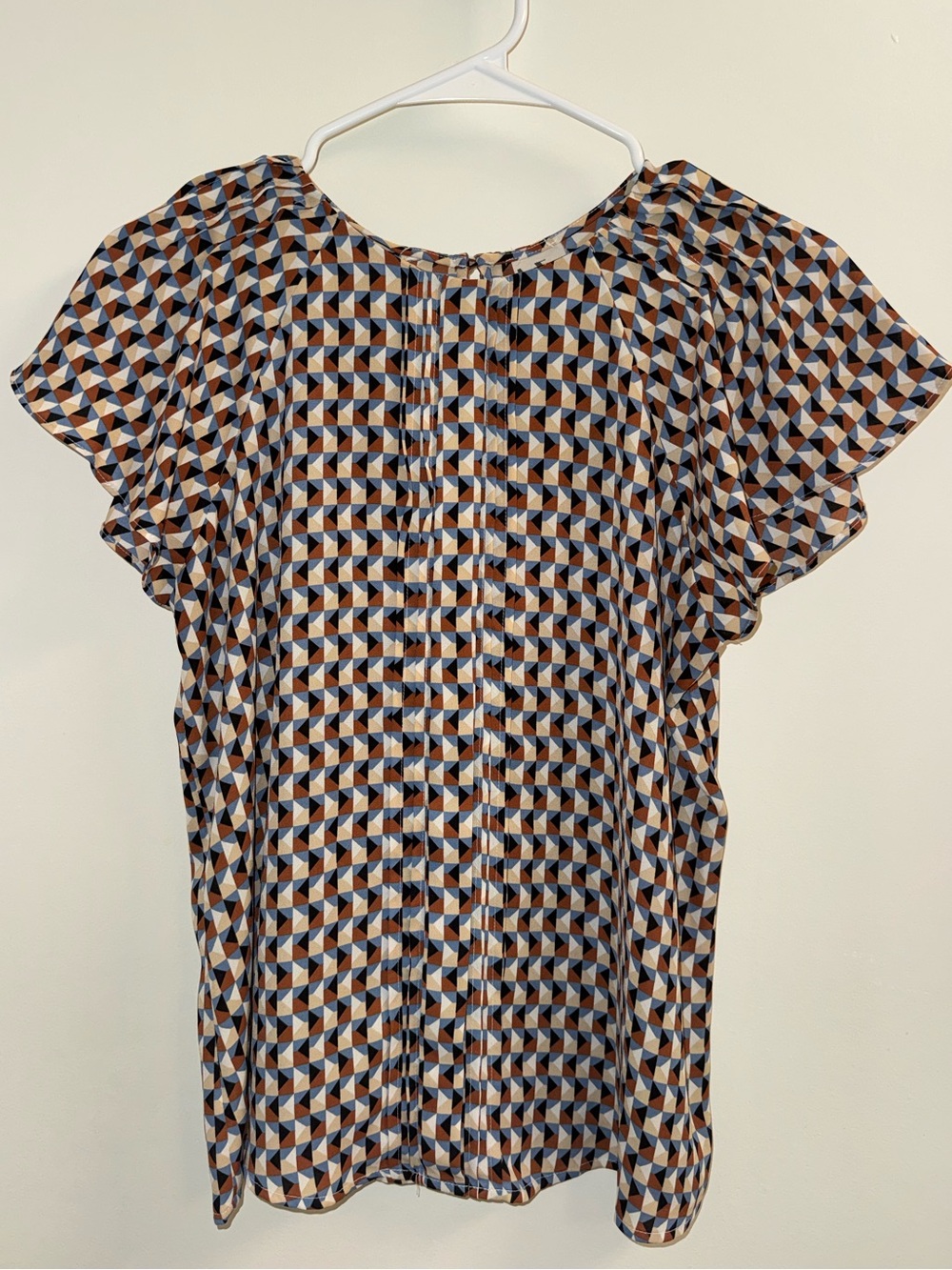 Worthington Geometric Print Flutter Sleeve Top in Blue, Brown, Cream
